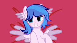 Size: 1280x720 | Tagged: safe, derpibooru import, oc, oc only, pegasus, pony, awkward, awkward smile, blushing, female, lying down, raised hoof, raised leg, simple background, smiling, spread your wings, sultry pose