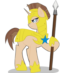 Size: 608x608 | Tagged: safe, artist:4lorn, derpibooru import, oc, oc only, oc:curious heart, pony, unicorn, armor, blue eyes, brown mane, female, guardsmare, horn, looking away, mare, raffle prize, resting bitch face, royal guard, simple background, solo, spear, weapon, white background