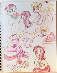 Size: 1512x1949 | Tagged: safe, artist:dandy, derpibooru import, daisy, flower wishes, lily, lily valley, roseluck, earth pony, pony, g4, bouquet, bow, clothes, colored pencil drawing, earmuffs, eyes closed, female, flower, flower in hair, lying down, mare, on back, photo, scarf, smiling, traditional art, worried