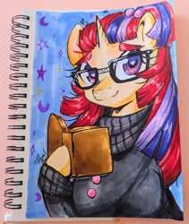 Size: 2141x2536 | Tagged: safe, artist:floralshitpost, derpibooru import, moondancer, pony, unicorn, g4, book, clothes, copic, eyebrows, glasses, heart, heart eyes, horn, marker drawing, markers, sweater, traditional art, wingding eyes