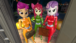 Size: 2560x1440 | Tagged: safe, artist:oatmeal!, derpibooru import, apple bloom, scootaloo, sweetie belle, human, equestria girls, g4, 3d, bag, clothes, costume, decoration, doorway, female, gmod, halloween, halloween costume, hand on hip, holding, holiday, jack-o-lantern, jumpsuit, looking at you, night, pumpkin, standing, totally spies, trick or treat, trio, trio female