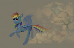 Size: 1240x805 | Tagged: safe, artist:dearmary, derpibooru import, rainbow dash, pegasus, pony, g4, cloud, female, flying, mare, outdoors, solo