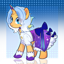 Size: 2048x2048 | Tagged: safe, artist:miwq, derpibooru exclusive, derpibooru import, oc, oc only, oc:aurore soleilevant, pony, unicorn, bow, clothes, eye clipping through hair, eyebrows, eyebrows visible through hair, horn, looking at you, mlp fim's fourteenth anniversary, robe, skirt, smiling, socks, solo, stars, witch