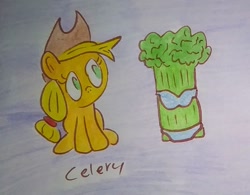 Size: 1640x1278 | Tagged: safe, artist:dex stewart, derpibooru import, applejack, earth pony, pony, g4, bikini, celery, clothes, friendship is gic, solo, swimsuit, traditional art, youtube poop