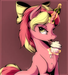 Size: 1800x2000 | Tagged: safe, artist:evehly, derpibooru import, oc, oc only, oc:starberry cupcake, pony, unicorn, 2014, bedroom eyes, bow, chest fluff, cupcake, female, food, frosting, hair bow, horn, licking, magic, mare, messy eating, solo, telekinesis, tongue, tongue out