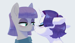 Size: 1623x941 | Tagged: safe, artist:kianamai, derpibooru import, maud pie, rarity, earth pony, pony, unicorn, g4, alternate hairstyle, blushing, boop, cute, eyes closed, featured on derpibooru, female, horn, kilalaverse ii, lesbian, mare, maudabetes, nose wrinkle, noseboop, nuzzling, raribetes, ship:rarimaud, shipping, short hair, simple background, smiling, when she smiles, white background