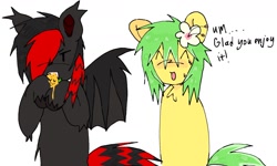 Size: 1458x877 | Tagged: safe, artist:poniesinmyhead, derpibooru import, oc, oc only, bat pony, earth pony, pony, duo, earth pony oc, emo, green mane, red and black oc, simple background, white background, yellow coat