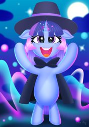 Size: 2480x3508 | Tagged: safe, artist:leonkay, derpibooru import, oc, oc only, oc:flawless sparklemoon, pony, unicorn, cape, clothes, female, filly, foal, fusion, fusion:trixie, fusion:twilight sparkle, fusion:twixie, hat, horn, my little pony the movie: the death of twilight sparkle, outdoors, solo