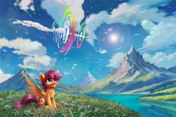 Size: 4096x2731 | Tagged: safe, artist:allegrenix, derpibooru import, rainbow dash, scootaloo, pegasus, pony, g4, duo, duo female, female, mountain, outdoors, scenery, sky, solo focus, sonic rainboom