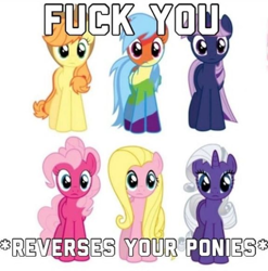 Size: 558x565 | Tagged: safe, derpibooru import, edit, applejack, fluttershy, pinkie pie, rainbow dash, rarity, twilight sparkle, earth pony, pegasus, pony, unicorn, g4, female, horn, mane six, mare, reversed, shitposting, simple background, vulgar, white background