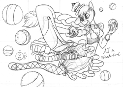 Size: 1200x852 | Tagged: safe, artist:sepiakeys, derpibooru import, applejack, anthro, bird, flamingo, unguligrade anthro, g4, alice in wonderland, bloomers, clothes, croquet, dress, fishnet clothing, fishnet stockings, monochrome, sketch, solo, stockings, thigh highs