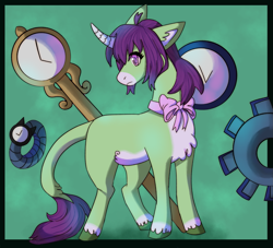 Size: 2127x1935 | Tagged: safe, artist:cinnamonsparx, derpibooru import, oc, oc only, pony, unicorn, clock, female, horn, mare, neck bow, solo