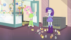 Size: 2078x1170 | Tagged: safe, derpibooru import, screencap, fluttershy, rarity, hamster, human, equestria girls, g4, hamstocalypse now, belt, boots, clothes, high heel boots, indoors, polka dot socks, shirt, shoes, skirt, socks