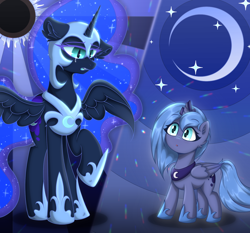 Size: 1500x1400 | Tagged: safe, artist:門久, derpibooru import, nightmare moon, princess luna, alicorn, pony, g4, female, filly, foal, looking at each other, looking at someone, mlp fim's fourteenth anniversary, teary eyes, woona, younger