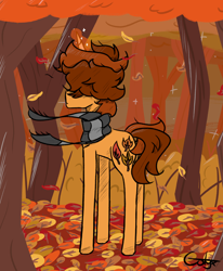 Size: 1754x2132 | Tagged: safe, artist:gotyx96, derpibooru import, oc, oc only, oc:autumn falls, pony, unicorn, autumn, blue eyes, brown mane, clothes, forest, horn, leaves, magic, male, nature, orange coat, outdoors, scarf, solo, stallion, striped scarf, tail, tree, two toned mane, two toned tail