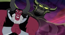 Size: 1417x767 | Tagged: safe, derpibooru import, edit, edited screencap, editor:incredibubbleirishguy, screencap, lord tirek, centaur, g4, big, chernabog, cracking knuckles, crossover, duo, duo male, evil smile, fist, gritted teeth, horns, house of mouse, male, monster, muscles, night on bald mountain, nightmare fuel, scary, smiling, teeth