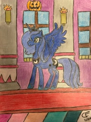 Size: 3024x4032 | Tagged: safe, artist:celestialflare, derpibooru exclusive, derpibooru import, princess luna, alicorn, pony, g4, carpet, female, fire, mare, mlp fim's fourteenth anniversary, pillar, pumpkin, red carpet, s1 luna, signature, solo, traditional art, window