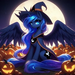 Size: 1024x1024 | Tagged: safe, ai content, derpibooru import, generator:bing image creator, generator:dall-e 3, machine learning generated, princess luna, alicorn, pony, g4, cape, clothes, cute, ethereal mane, full moon, halloween, hat, holiday, jack-o-lantern, lunabetes, moon, night, outdoors, prompter:tychotma-1, pumpkin, pumpkin patch, sitting, smiling, solo, spread wings, starry mane, stars, wings, witch, witch hat