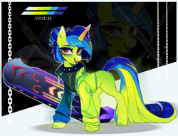 Size: 2088x1593 | Tagged: safe, artist:vinum, derpibooru import, oc, oc only, pony, unicorn, adoptable, blue hair, female, green body, horn, long tail, orange eyes, punk, reference, reference sheet, snowboard, solo, stylized, tail, unicorn oc, zoom layer