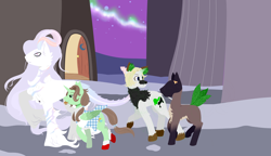 Size: 5200x3000 | Tagged: safe, artist:squeezymouse, derpibooru exclusive, derpibooru import, oc, oc only, oc:crows nest, oc:good graces, oc:lord sastrugi, oc:zero variegation, alicorn, bicorn, hybrid, original species, pegasus, plant pony, unicorn, alicorn oc, apron, aurora borealis, building, clothes, costume, detailed background, dress, ear piercing, earring, eating, female, folded wings, fur collar, gradient eyes, gradient horn, gradient pattern, gradient tail, hair tie, horn, hybrid oc, jewelry, lineless, male, mare, mlp fim's fourteenth anniversary, multiple horns, nightmare night, open door, outdoors, pegasus oc, piercing, plant, ribbon, s'mores, shoes, snow, stallion, street, tail, the wizard of oz, unfinished art, unshorn fetlocks, white pupils, wings, wip, wooden floor, wooden hooves