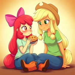 Size: 1024x1024 | Tagged: safe, ai content, derpibooru import, machine learning generated, apple bloom, applejack, human, equestria girls, g4, apple sisters, blushing, duo, duo female, female, food, pie, prompter:tk-1976, siblings, sisters, sitting