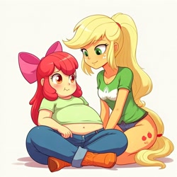 Size: 1024x1024 | Tagged: safe, ai content, derpibooru import, machine learning generated, apple bloom, applejack, human, equestria girls, g4, apple blob, apple sisters, belly, belly button, big belly, cutie mark on equestria girl, duo, duo female, fat, female, kneeling, prompter:tk-1976, siblings, sisters, sitting, stuffed