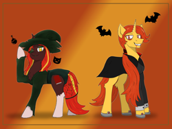 Size: 1600x1200 | Tagged: safe, artist:thatsbadboi, derpibooru import, oc, oc only, oc:honey choco, oc:honey wine, pony, undead, unicorn, vampire, clothes, costume, halloween, halloween costume, hat, holiday, horn, simple background, vampire costume, witch, witch hat