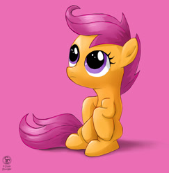 Size: 1947x2000 | Tagged: safe, artist:supersmurgger, derpibooru import, scootaloo, pegasus, pony, g4, the cutie mark chronicles, blank flank, cute, cutie mark crusaders, female, filly, foal, signature, simple background, sitting, solo, wingless