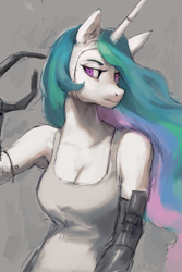 Size: 1672x2507 | Tagged: safe, artist:4rceus, derpibooru import, princess celestia, anthro, cyborg, g4, amputee, breasts, cleavage, clothes, cybernetic arm, female, prosthetic arm, prosthetic limb, prosthetics, solo, tanktop