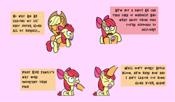 Size: 3505x2048 | Tagged: safe, artist:snowflakepone, derpibooru import, apple bloom, applejack, earth pony, pony, g4, somepony to watch over me, adult, comedy, diaper, duo, duo female, female, filly, foal, mare, non-baby in diaper, scene interpretation, simple background, text