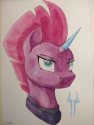 Size: 3000x4000 | Tagged: safe, artist:zocidem, derpibooru import, tempest shadow, pony, unicorn, comic:the storm kingdom, g4, armor, horn, simple background, solo, storm king's emblem, tempest gets her horn back, traditional art, watercolor painting