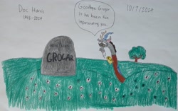 Size: 3320x2091 | Tagged: safe, anonymous artist, derpibooru import, discord, grogar, draconequus, g4, doc harris, field, flower, funeral, grass, grass field, grave, gravestone, in memoriam, male, rest in peace, sad, solo, speech bubble, traditional art, tree, tribute