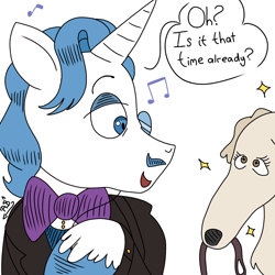 Size: 1280x1280 | Tagged: safe, artist:fancytreats, derpibooru import, fancypants, dog, unicorn, g4, borzoi, bowtie, colored sketch, digital art, happy, horn, implied piano, leash, monocle, music, music notes, musical instrument, pet, piano, playing piano, pleading eyes, sketch, sparkles, speech, speech bubble, talking, text, unicorn horn, unshorn fetlocks