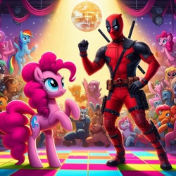 Size: 1024x1024 | Tagged: safe, ai content, derpibooru import, machine learning generated, pinkie pie, rainbow dash, pegasus, g4, crossover, cute, deadpool, diapinkes, female, katana, male, marvel, party, prompter:bluey2309, sassapinkes, superhero, sword, weapon, wrong cutie mark