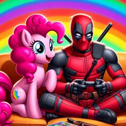 Size: 1024x1024 | Tagged: safe, ai content, derpibooru import, machine learning generated, pinkie pie, g4, controller, deadpool, female, male, marvel, prompter:bluey2309, rainbow, sofa, superhero, video game, wrong cutie mark