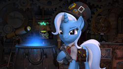 Size: 3840x2160 | Tagged: safe, artist:owlpirate, derpibooru import, trixie, pony, unicorn, g4, 3d, 4k, bag, book, cauldron, clothes, female, furrowed brow, gears, hat, high res, hoof hold, horn, indoors, looking at you, mare, saddle bag, smiling, smiling at you, smirk, solo, source filmmaker, steampunk, telescope, top hat, vest