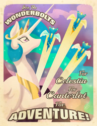 Size: 2153x2786 | Tagged: safe, artist:amelie-ami-chan, derpibooru import, princess celestia, soarin', spitfire, alicorn, pegasus, pony, g4, female, lineless, male, mare, poster, propaganda, stallion, surprise (g4), wonderbolts