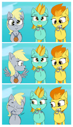 Size: 2300x4005 | Tagged: safe, artist:chopsticks, derpibooru import, derpy hooves, lightning dust, spitfire, pegasus, pony, g4, parental glideance, 3 panel comic, cheek fluff, chest fluff, comic, cute, cutefire, derpabetes, derpy being derpy, dustabetes, ear fluff, ears, eye clipping through hair, eyebrows, eyebrows visible through hair, female, filly, foal, head tilt, looking at you, medal, meme, mouth hold, nom, olympics, paris 2024, ponified, ponified meme, scene interpretation, sky, species swap, spread wings, stray strand, text, trio, wing hands, wing hold, wings, younger