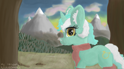 Size: 1276x717 | Tagged: safe, artist:illagain, derpibooru import, lyra heartstrings, pony, unicorn, g4, clothes, horn, leg warmers, looking at you, mountain, nature, scarf, smiling, solo