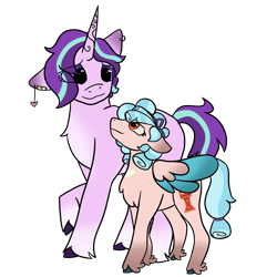 Size: 2500x2500 | Tagged: safe, artist:birbnerd17, derpibooru import, cozy glow, starlight glimmer, pegasus, unicorn, g4, alternate style, colored wings, colored wingtips, deviantart, female, fetlock tuft, filly, foal, horn, mare, side by side, simple background, transparent background, unshorn fetlocks, what if, wings