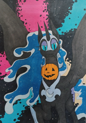 Size: 903x1280 | Tagged: safe, artist:darkhestur, derpibooru import, nightmare moon, alicorn, g4, abstract background, armor, bag, candy bag, ethereal mane, helmet, ink, looking at you, marker drawing, mlp fim's fourteenth anniversary, pumpkin, solo, spread wings, traditional art, wings