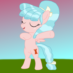 Size: 894x894 | Tagged: safe, artist:alexeigribanov, artist:optimusv42, derpibooru import, cozy glow, pegasus, pony, g4, base used, bipedal, bow, chest beating, deviantart, eyes closed, hair bow, no shading, open mouth, open smile, outdoors, smiling, solo