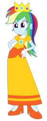 Size: 1237x3149 | Tagged: safe, artist:noahishere18, derpibooru import, rainbow dash, human, equestria girls, g4, clothes, crown, cute, dashabetes, dress, female, gloves, gown, hand on hip, high heels, jewelry, princess daisy, rainbow dash always dresses in style, regalia, shoes, simple background, solo, super mario bros., transparent background