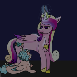 Size: 1500x1500 | Tagged: safe, artist:catsouttathebag, derpibooru import, cozy glow, princess cadance, g4, colored wings, colored wingtips, crying, description, duo, duo female, female, glowing, glowing horn, horn, redemption, reformation, reformed villain, smiling, story included, what if, wings