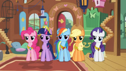 Size: 1920x1080 | Tagged: safe, derpibooru import, screencap, applejack, pinkie pie, rainbow dash, rarity, twilight sparkle, unicorn twilight, earth pony, pegasus, pony, unicorn, g4, keep calm and flutter on, season 3, 16:9, applejack is not amused, applejack's hat, big crown thingy, clothes, cowboy hat, element of generosity, element of honesty, element of laughter, element of loyalty, element of magic, fluttershy's cottage, fluttershy's cottage (interior), frown, group, hat, horn, indoors, jewelry, pinkie pie is not amused, quintet, rainbow dash is not amused, rarity is not amused, regalia, twilight sparkle is not amused, unamused