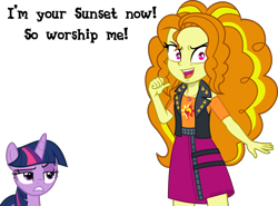 Size: 3378x2500 | Tagged: safe, artist:limedazzle, derpibooru import, edit, adagio dazzle, sunset shimmer, twilight sparkle, human, unicorn, equestria girls, g4, clothes swap, deadpan, duo, duo female, female, horn, looking at you, pointing at self, simple background, transparent background, twilight sparkle is not amused, unamused, yandagio, yandere