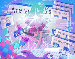 Size: 3640x2860 | Tagged: safe, artist:alex6886, derpibooru import, oc, oc only, oc:cotton bloom, pony, unicorn, abstract background, brown eyes, cute, detailed background, error, glitch, heart, horn, magic, microsoft, microsoft windows, mouth hold, pink body, pink coat, pink hair, pink mane, pop-up, potion, shading, solo, sparkles, stars, sword, sword in mouth, telekinesis, text, vulgar, weapon