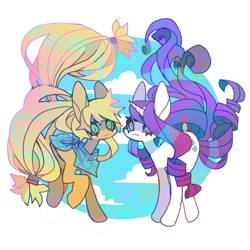 Size: 879x879 | Tagged: safe, artist:cutesykill, derpibooru import, applejack, rarity, earth pony, pony, unicorn, g4, :3, alternate accessories, bandana, beanbrows, big ears, big eyes, big mane, big tail, blonde, blonde mane, blonde tail, blue eyes, blue eyeshadow, circle background, cloud, cute, duo, ears, eyebrows, eyeshadow, female, flowing mane, flowing tail, green eyes, hair tie, hatless, horn, long mane, long tail, makeup, mane tie, mare, missing accessory, neckerchief, no catchlights, outdoors, passepartout, ponytail, purple mane, purple tail, raised hoof, raised leg, ringlets, slender, slit eyes, tail, tail tie, tall ears, thick eyelashes, thin, three quarter view, tied mane, tied tail, unicorn horn