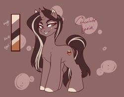 Size: 2048x1608 | Tagged: safe, artist:devlya76, derpibooru import, oc, oc:chocolate liquer, pony, unicorn, bedroom eyes, brown background, cute, eyeliner, female, horn, makeup, mare, reference sheet, simple background, smiling, smirk