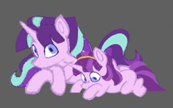 Size: 1054x661 | Tagged: safe, artist:partyponypower, artist:starlightglmr, derpibooru import, starlight glimmer, pony, unicorn, g4, alternate mane color, alternate tail color, alternate universe, crossed hooves, duo, duo female, female, filly, filly starlight glimmer, foal, gray background, headband, horn, looking away, looking down, lying down, mare, no catchlights, no mouth, pink coat, prone, purple eyes, purple mane, purple tail, s5 starlight, self paradox, self ponidox, simple background, straight mane, tail, three quarter view, three toned mane, three toned tail, two toned mane, two toned tail, unicorn horn, younger